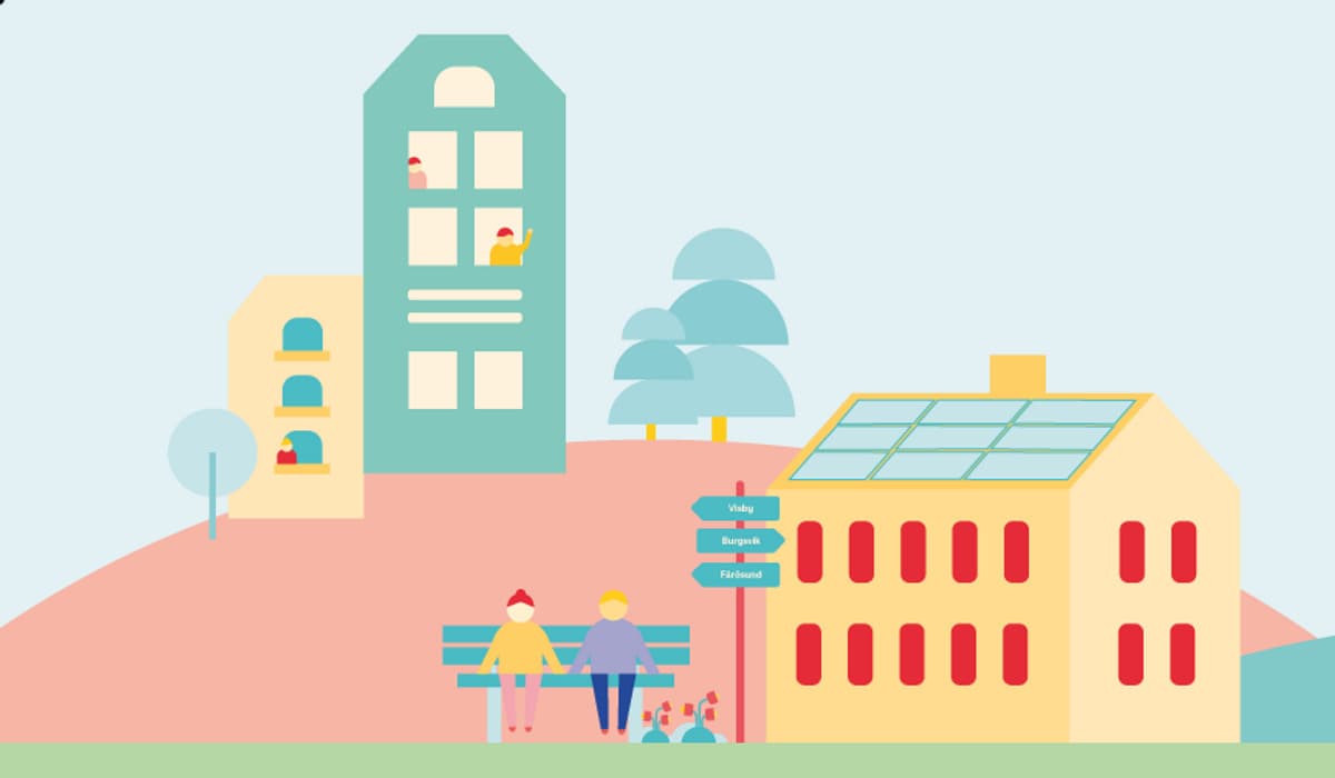 Illustration som visar en grön mark, blå himmel och ett bostadsområde. Det sitter personer på en bänk bredvid ett gult hus med solpaneler på.