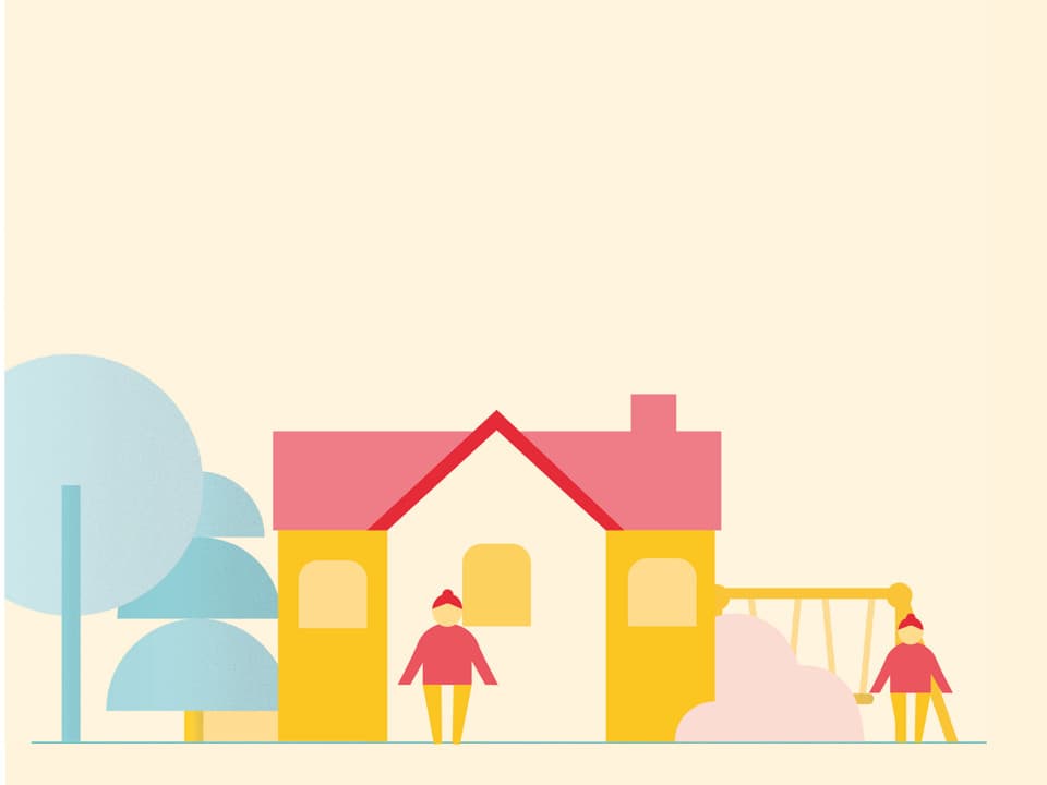 Illustration över kvarter med hus och gungställning