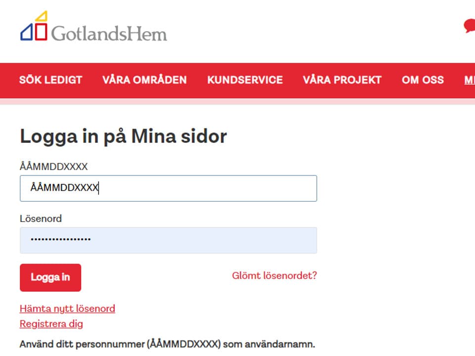 Ett skärmklipp som visar hur sidan ser ut där man logga in på mina sidor på gotlandshem.se