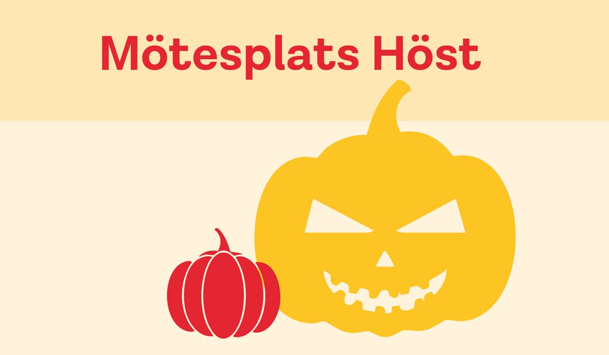 En bild med en illustrerad halloweenpumpa på och texten: Mötesplats Höst, torsdag 30 oktober för barn och unga 6-16 år.