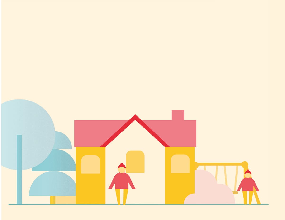 Illustration över kvarter med hus och gungställning